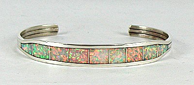 Native American  Navajo Sterling Silver Opal Inlay Bracelet