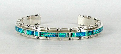 Authentic Native American Indian Navajo Sterling Silver Opal Inlay Bracelet