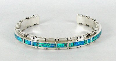Authentic Native American Indian Navajo Sterling Silver Opal Inlay Bracelet