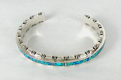 Authentic Native American Indian Navajo Sterling Silver Opal Inlay Bracelet