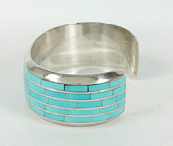 Authentic Native American Sterling Silver Turquoise Inlay Bracelet by Zuni Larry Loretto