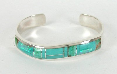Authentic Native American Sterling Silver Turquoise and Opal Inlay Bracelet by Navajo Kenneth Bitsie