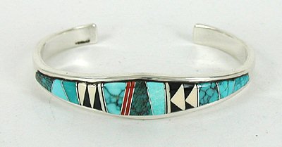 Authentic Native American Sterling Silver Turquoise and Opal Inlay Bracelet by Navajo Patrick and Laura Lincoln