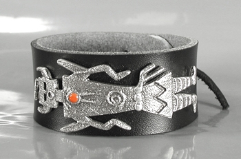 Authentic Native American tufa cast sterling silver and coral kachina leather cuff by Navajo artist Lee Begay