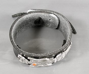 Authentic Native American tufa cast sterling silver and coral kachina leather cuff by Navajo artist Lee Begay