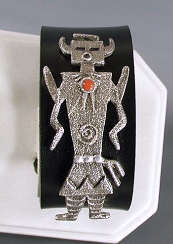 Authentic Native American tufa cast sterling silver and coral kachina leather cuff by Navajo artist Lee Begay