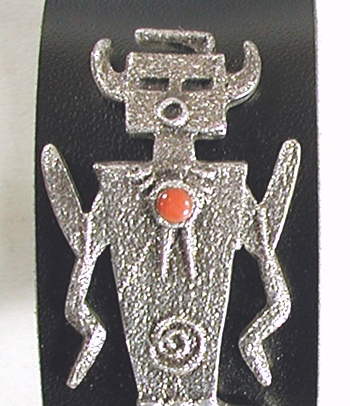 Authentic Native American tufa cast sterling silver and coral kachina leather cuff by Navajo artist Lee Begay