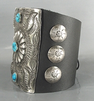 Authentic Native American sterling silver and turquoise ketoh leather cuff bowguard by Navajo artist Daniel Martinez