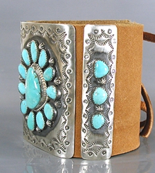 Authentic Native American sterling silver and turquoise ketoh leather cuff bowguard by Navajo artist Daniel Martinez