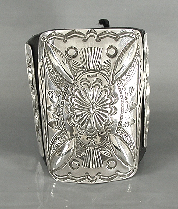 Authentic Native American sterling silver ketoh leather cuff bowguard by Yaqui  artist Art Tafoya