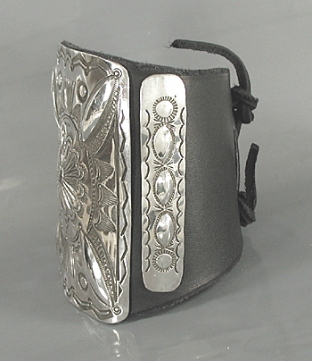 Authentic Native American sterling silver ketoh leather cuff bowguard by Yaqui  artist Art Tafoya