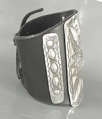 Authentic Native American sterling silver ketoh leather cuff bowguard by Yaqui  artist Art Tafoya