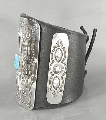 Authentic Native American sterling silver and turquoise ketoh leather cuff bowguard by Yaqui  artist Art Tafoya