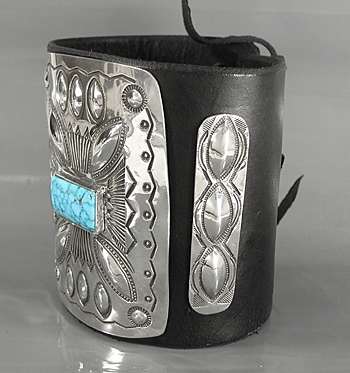 Authentic Native American sterling silver and turquoise ketoh leather cuff bowguard by Yaqui  artist Art Tafoya
