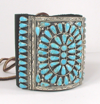 Authentic Native American sterling silver and Sleeping Beauty turquoise ketoh leather cuff bowguard by Navajo artist James Freeman
