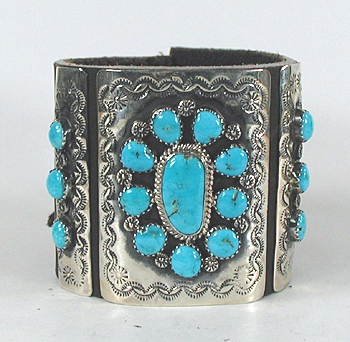 Authentic Native American sterling silver and turquoise ketoh leather cuff bowguard by Navajo artist James Martin