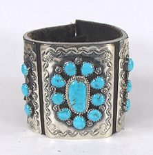 Authentic Native American sterling silver and turquoise ketoh leather cuff bowguard by Navajo artist James Martin