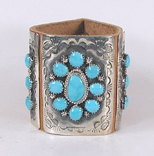 Authentic Native American sterling silver and turquoise ketoh leather cuff bowguard by Navajo artist James Martin