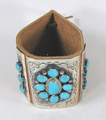 Authentic Native American sterling silver and turquoise ketoh leather cuff bowguard by Navajo artist James Martin