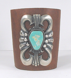 Authentic Native American sterling silver and turquoise ketoh leather cuff bowguard by Navajo artists Carol and Wilson Begay