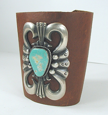 Authentic Native American sterling silver and turquoise ketoh leather cuff bowguard by Navajo artists Carol and Wilson Begay