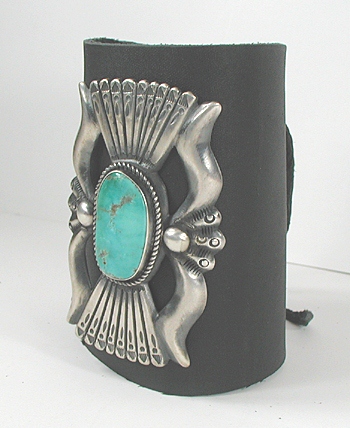 Authentic Native American sterling silver and turquoise ketoh leather cuff bowguard by Navajo artists Carol and Wilson Begay