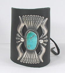 Authentic Native American sterling silver and turquoise ketoh leather cuff bowguard by Navajo artists Carol and Wilson Begay