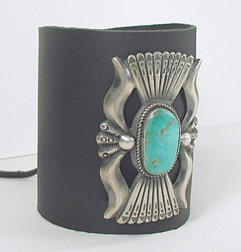 Authentic Native American sterling silver and turquoise ketoh leather cuff bowguard by Navajo artists Carol and Wilson Begay