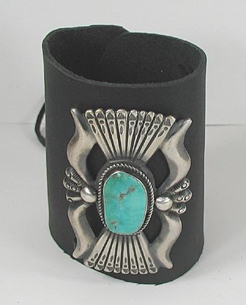 Authentic Native American sterling silver and turquoise ketoh leather cuff bowguard by Navajo artists Carol and Wilson Begay