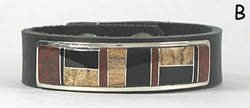 Authentic Native American sterling silver and stone inlay adjustable snap leather bracelet by Navajo artist Edison Yazzie