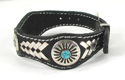 Authentic Native American sterling silver and turquoise black leather concho bracelet by Navajo artisan Frank Armstrong