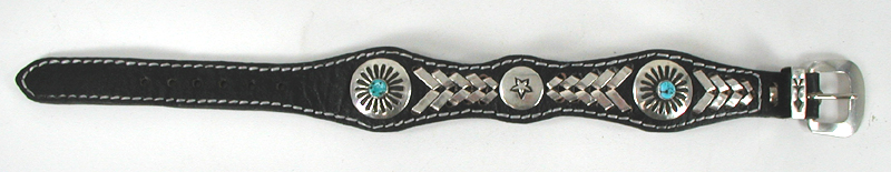 Authentic Native American sterling silver and turquoise black leather concho bracelet by Navajo artisan Frank Armstrong