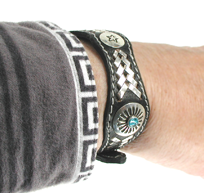 Authentic Native American sterling silver and turquoise black leather concho bracelet by Navajo artisan Frank Armstrong