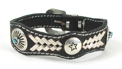 Authentic Native American sterling silver and turquoise black leather concho bracelet by Navajo artisan Frank Armstrong