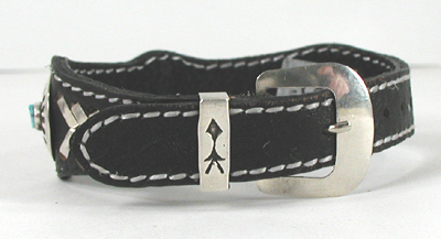Authentic Native American sterling silver and turquoise black leather concho bracelet by Navajo artisan Frank Armstrong