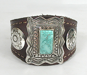 Authentic Native American sterling silver and turquoise leather cuff bracelet by Yaqui  artist Art Tafoya