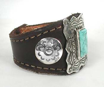 Authentic Native American sterling silver and turquoise leather cuff bracelet by Yaqui  artist Art Tafoya