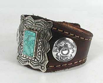 Authentic Native American sterling silver and turquoise leather cuff bracelet by Yaqui  artist Art Tafoya
