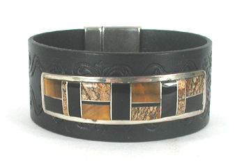 Authentic Native American sterling silver and stone inlay leather cuff by Navajo artist Edison Yazzie