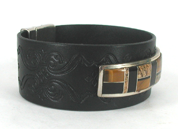 Authentic Native American sterling silver and stone inlay leather cuff by Navajo artist Edison Yazzie