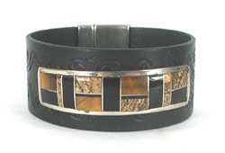 Authentic Native American sterling silver and stone inlay leather cuff by Navajo artist Edison Yazzie