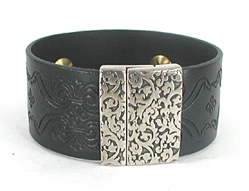 Authentic Native American sterling silver and stone inlay leather cuff by Navajo artist Edison Yazzie
