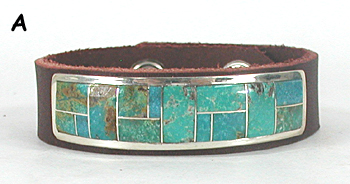 Authentic Native American sterling silver and stone inlay leather cuff by Navajo artist Edison Yazzie