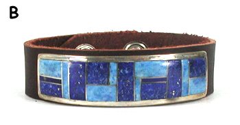 Authentic Native American sterling silver and stone inlay leather cuff by Navajo artist Edison Yazzie