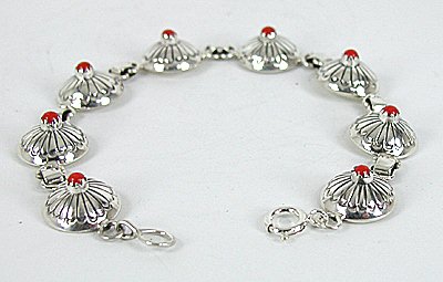 Authentic Native American Sterling Silver and Coral half bead link bracelet by Navajo Marie Yazzie