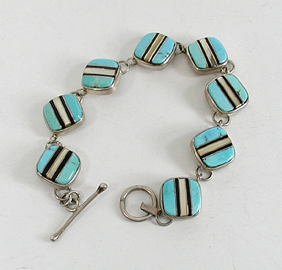 New Old Stock inlay bracelet Sterling Silver turquoise, jet, mother of pearl