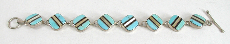 New Old Stock inlay bracelet Sterling Silver turquoise, jet, mother of pearl
