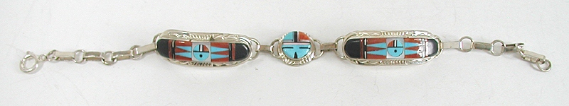 New Old Stock Inlay bracelet Sterling Silver and turquoise by Zuni artists  Raylan and Patte Edaake