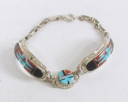 New Old Stock Inlay bracelet Sterling Silver and turquoise by Zuni artists Raylan and Patte Edaake