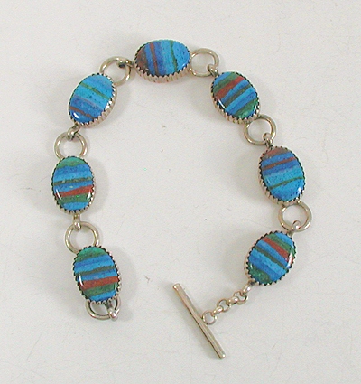 New Old Stock Inlay bracelet Sterling Silver and Rainbow Calsilica link bracelet